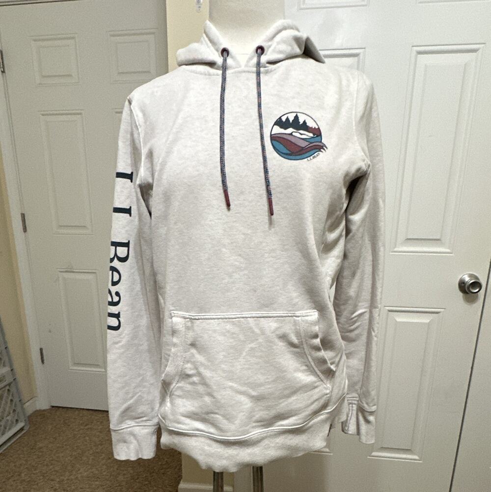 L.L.Bean Women's Beige Pullover Hoodie Graphic Logo Pockets Drawstring S